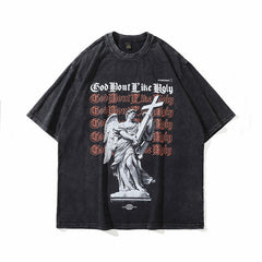 T-shirt homme imprimé ange lavé manches courtes T-shirt homme et femme couple rétro