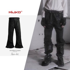 GGGard MIJKO series men's women's micro-pull brush wax knee fold locomotive trousers waist buckle design functional black jeans