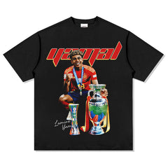Mens Vintage Football T-Shirt Vintage Lamine Yamal Printed Short Sleeve T-Shirt Washed Cotton Crew Neck
