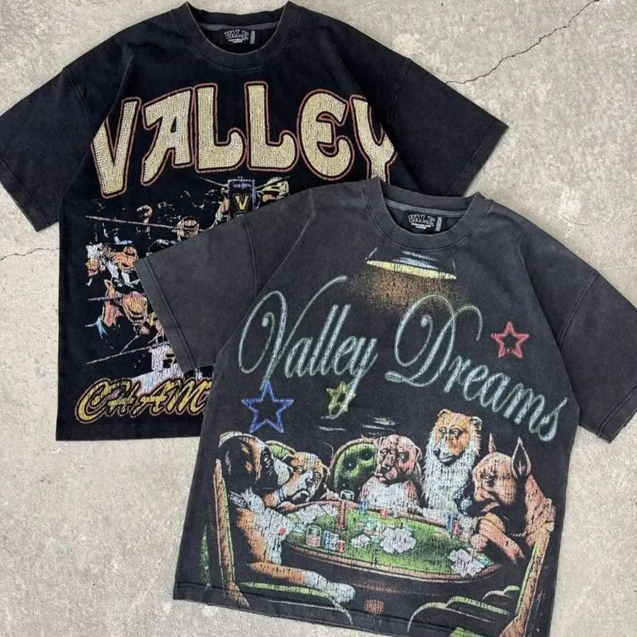 Street Unisex T-shirt Washed Old Oversize Hip Hop Skateboard Anime Print Short Sleeve