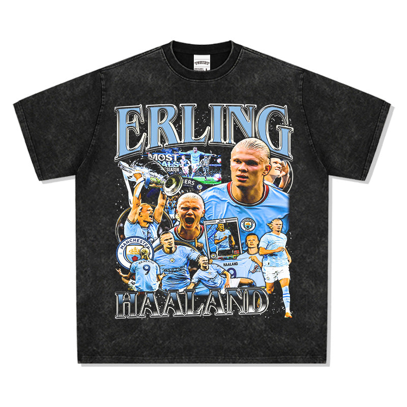 Mens Vintage Football T-Shirt Haaland Printed Short Sleeve T-Shirt Vintage Washed Loose