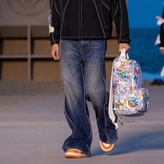 Men's Vintage Pants Men's Women's Wave Design Washed Old Blue Jeans MIJKO