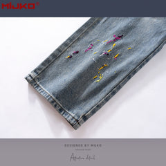 Mens Vintage Pants Embroidery Embellished Slim-fitting Old Jeans MIJKO