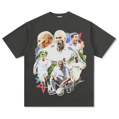 Mens Vintage Football T-Shirt Vintage Zidane Printed Short Sleeve T-Shirt Washed Crew Neck