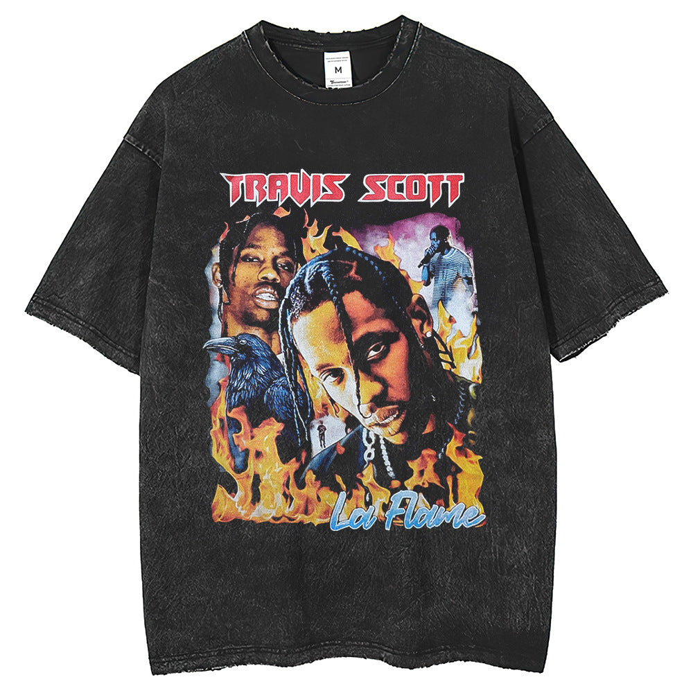 Mens T Shirts Washed Retro Travis T-Shirts Made Old Short Sleeves