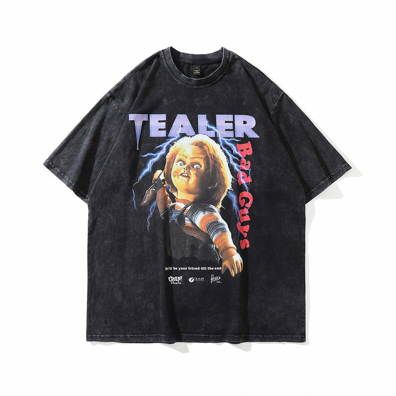 T-shirt homme imprimé ange lavé manches courtes T-shirt homme et femme couple rétro