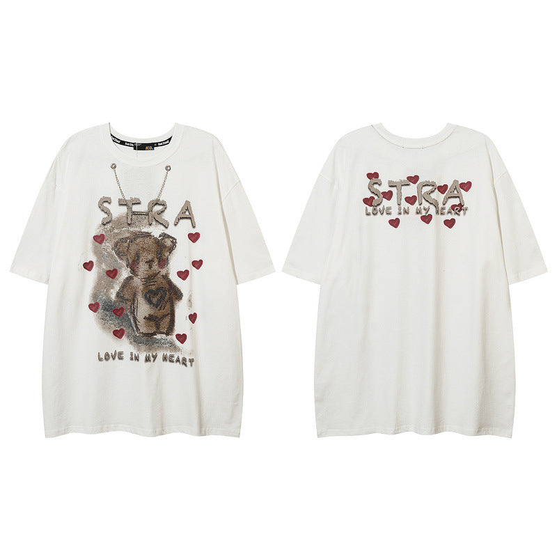 Men T Shirt Bear Graffiti Short Sleeve T-shirt Men and Women Loose-Fitting Casual round-Neck