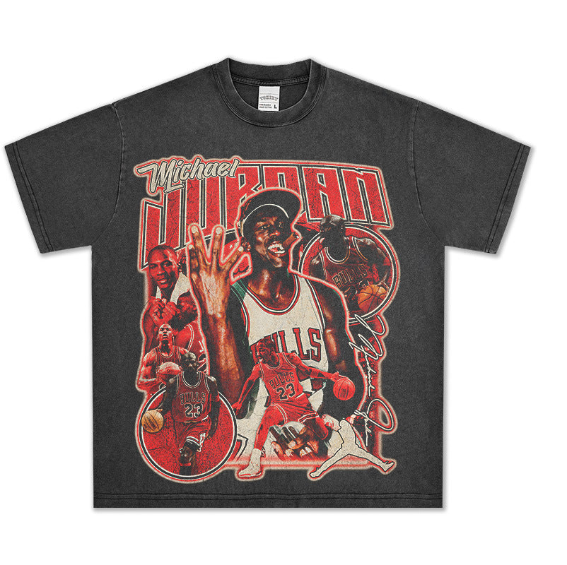 Vintage MJ Air Trapeze Printed Wide Short Sleeve T-Shirt Washed American Heavy Cotton Crew Neck Hooded Sweater