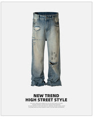 MIJKO men's clothing women's high street straight-leg trousers trendy men's and women's same style neutral multi-tear ripped blue jeans multi-size
