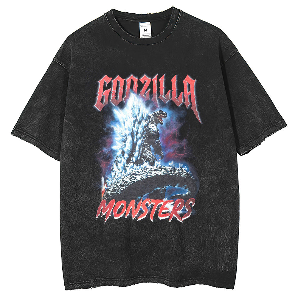 Mens T Shirts Monster Godzilla Print Cotton Short Sleeve T-Shirt Loose