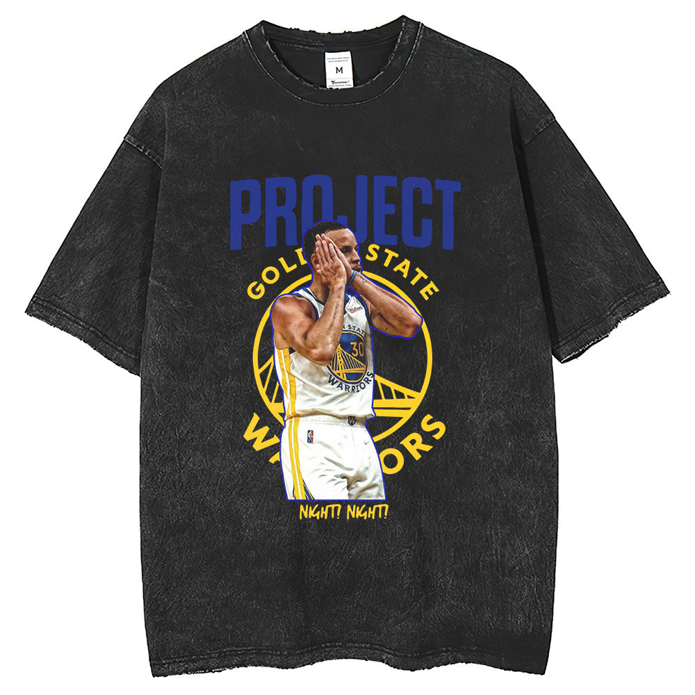 Men T Shirts Washed Water Retro Old T-Shirts Curry Printed Short Sleeves