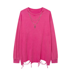 Men Long Sleeve T Shirt Distressed Dirty Punk Swing Cut Ripped Necklace Decoration