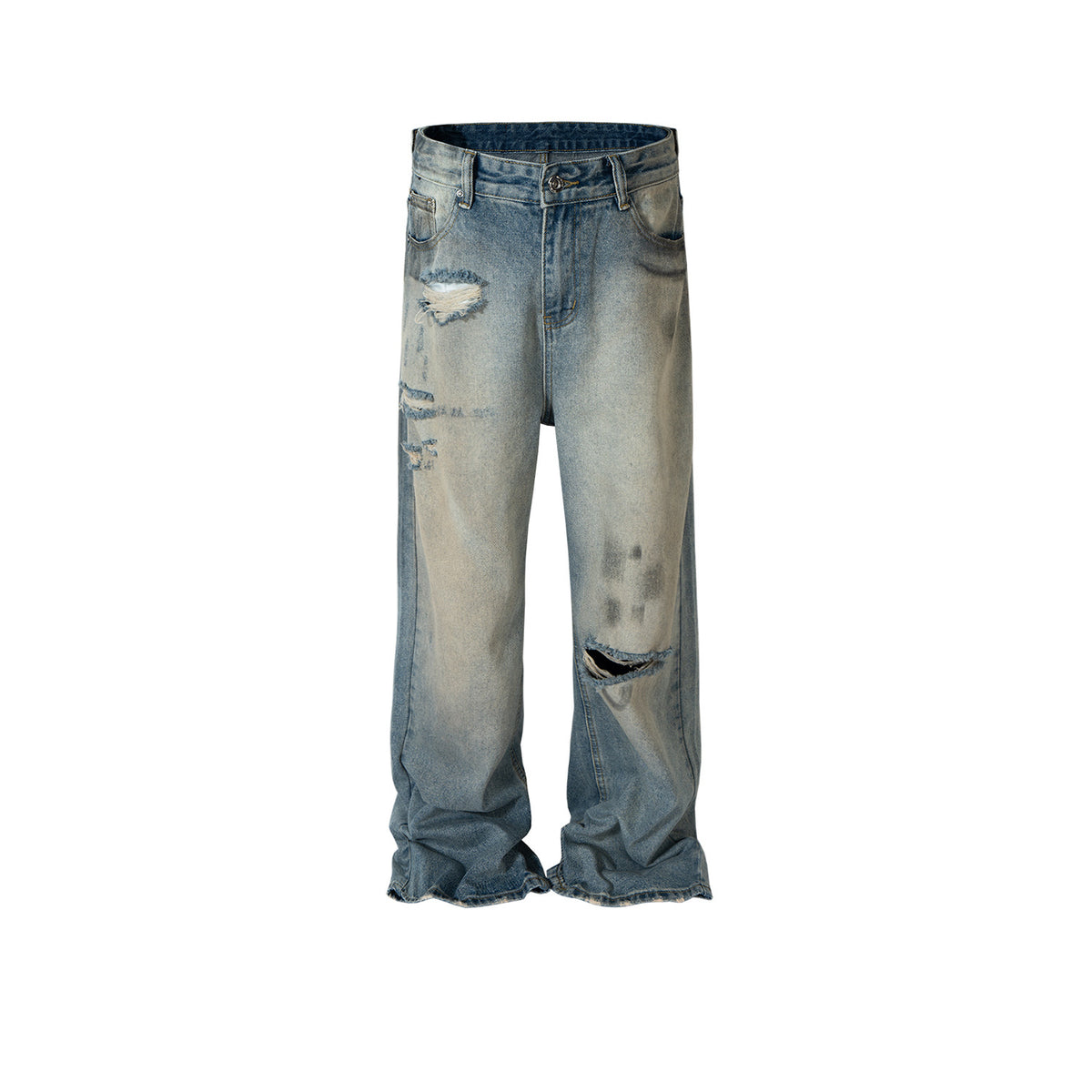 MIJKO men's clothing women's high street straight-leg trousers trendy men's and women's same style neutral multi-tear ripped blue jeans multi-size