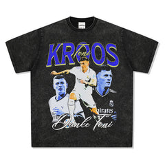 Mens Vintage Football T-Shirt Vintage Toni Kroos Printed Short Sleeve T-Shirt Washed Crew Neck