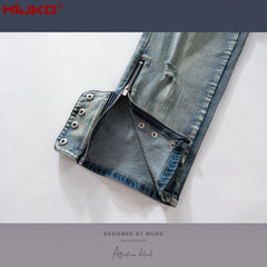 Mens Vintage Pants Slim Fit Wash Old Ripped Blue Jeans MIJKO