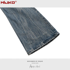 Mens Vintage Pants Distressed Blue Bootcut Jeans MIJKO