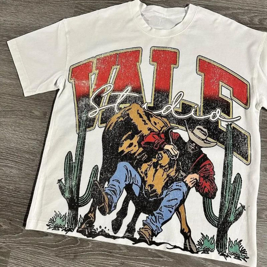 Street Unisex T-shirt Washed Old Oversize Hip Hop Skateboard Anime Print Short Sleeve