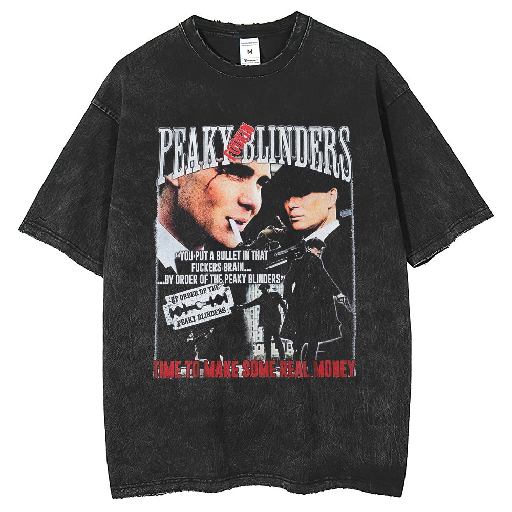 Mens T Shirts Printed Old Short Sleeve T-Shirt Loose Retro