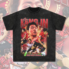 Mens Vintage Football T-Shirt Lee Kang In Printed Washed Old Short Sleeve T-Shirt