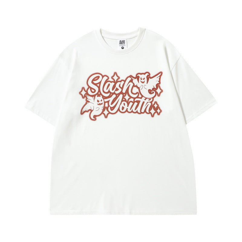 Men's T Shirt Printed Distressed Short-Sleeved T-shirt Men's and Women's Ins Hip Hop Loose Washed