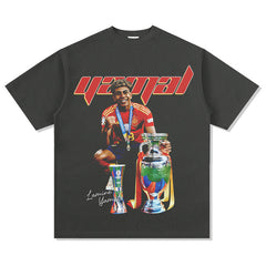 Mens Vintage Football T-Shirt Vintage Lamine Yamal Printed Short Sleeve T-Shirt Washed Cotton Crew Neck