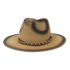 Chapeaux de cowboy en paille, pare-soleil de bord de mer avec chaîne, chapeau de plage pour hommes et femmes