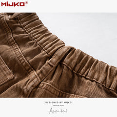 MIJKO men's clothing women's autumn and winter urban cat whiskers elastic waist trousers men's and women's same washed white brown jeans