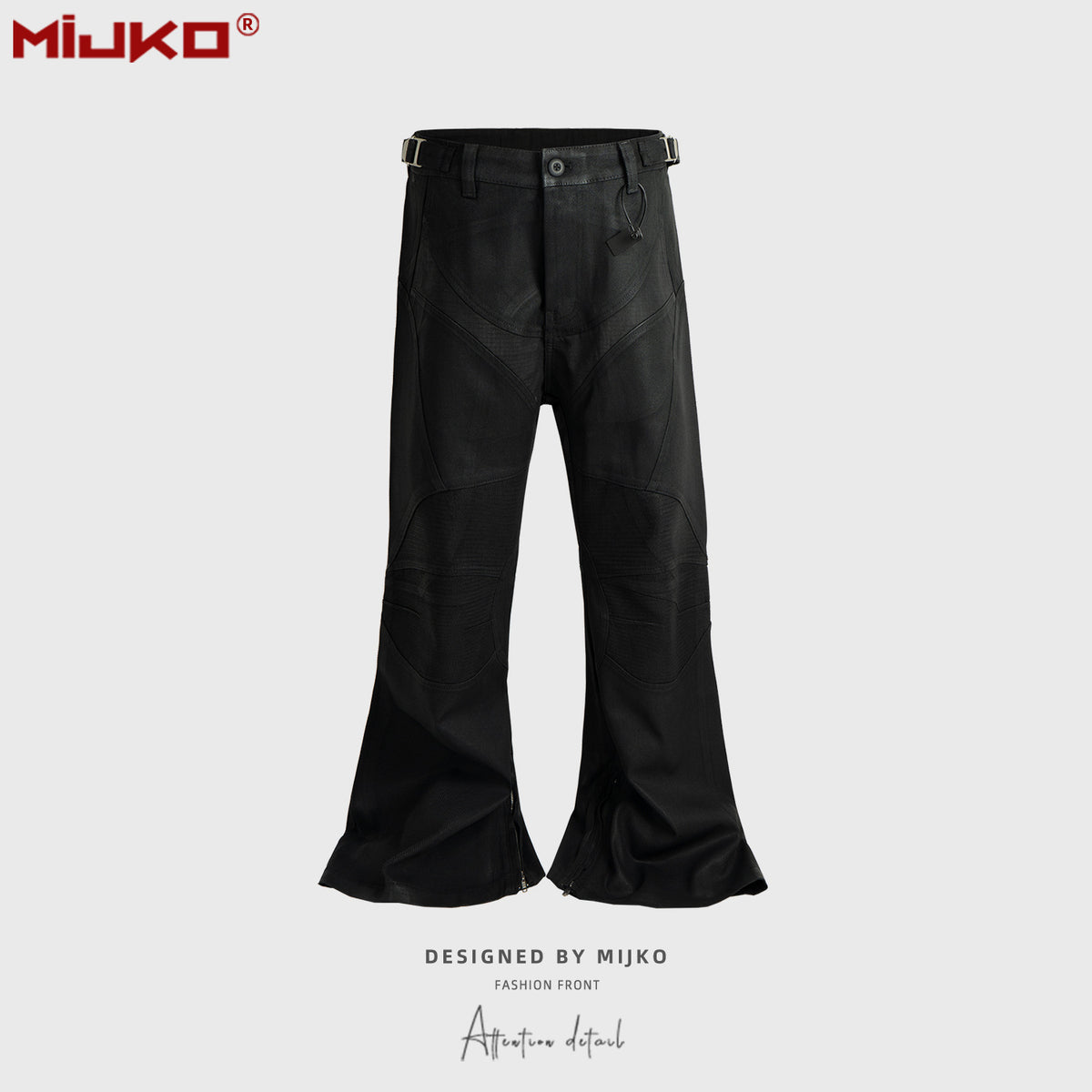GGGard MIJKO series men's women's micro-pull brush wax knee fold locomotive trousers waist buckle design functional black jeans
