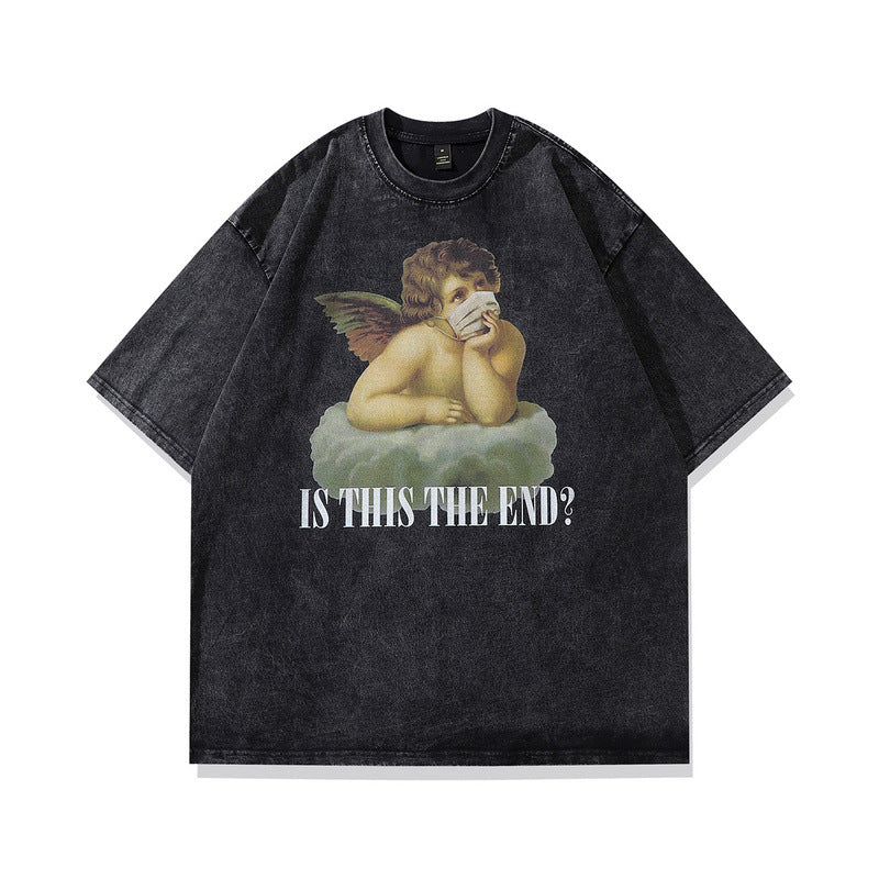 Men T Shirt Cartoon Printed Distressed Short-Sleeved T-shirt for Men and Women