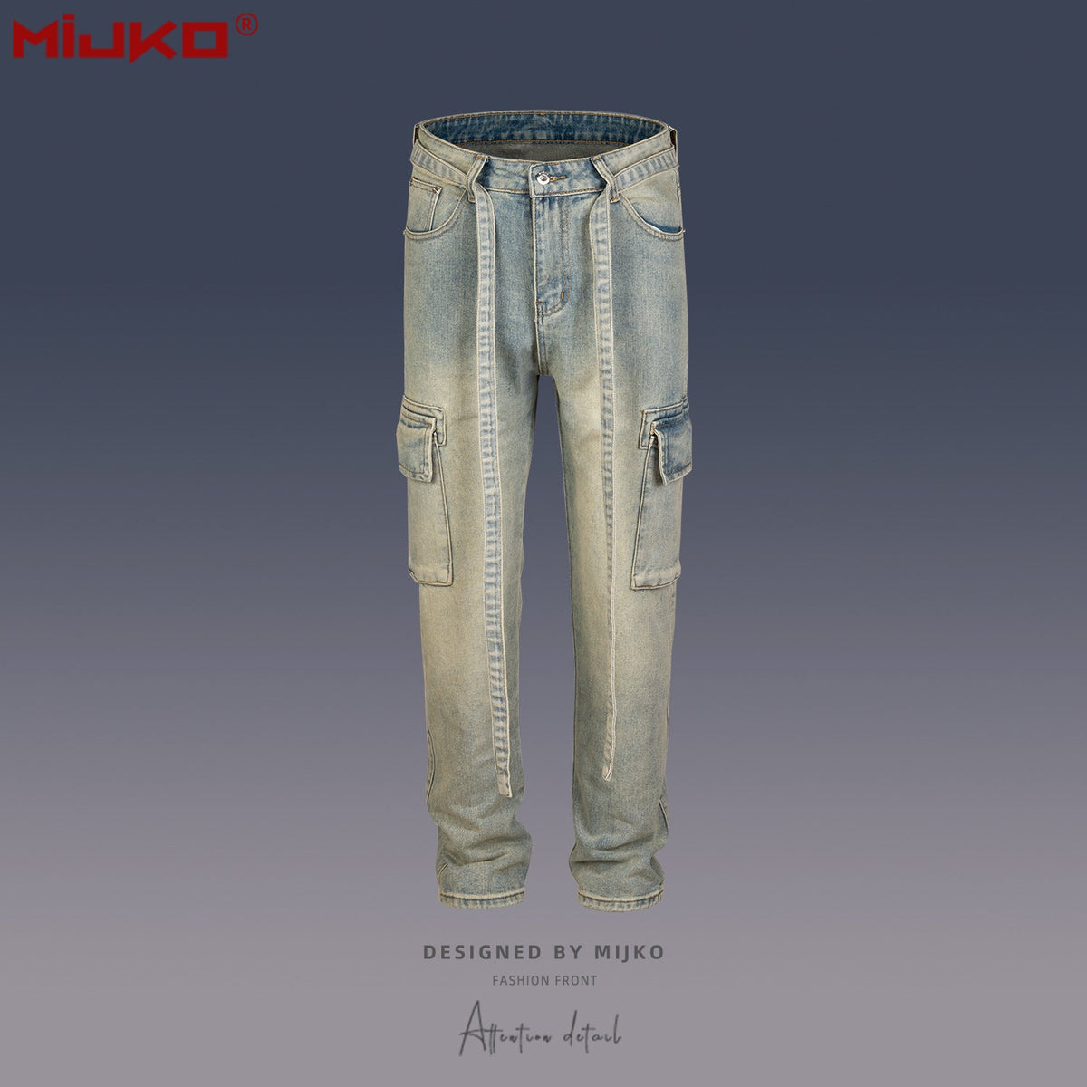 Men Vintage Pants Multi-pocket Straight Jeans With Belt MIJKO