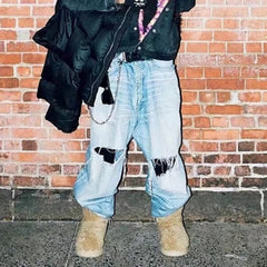 GGGard MIJKO series men's wear women's straight tube tear damage trousers men's and women's same Baggy knife cut silhouette ripped blue jeans