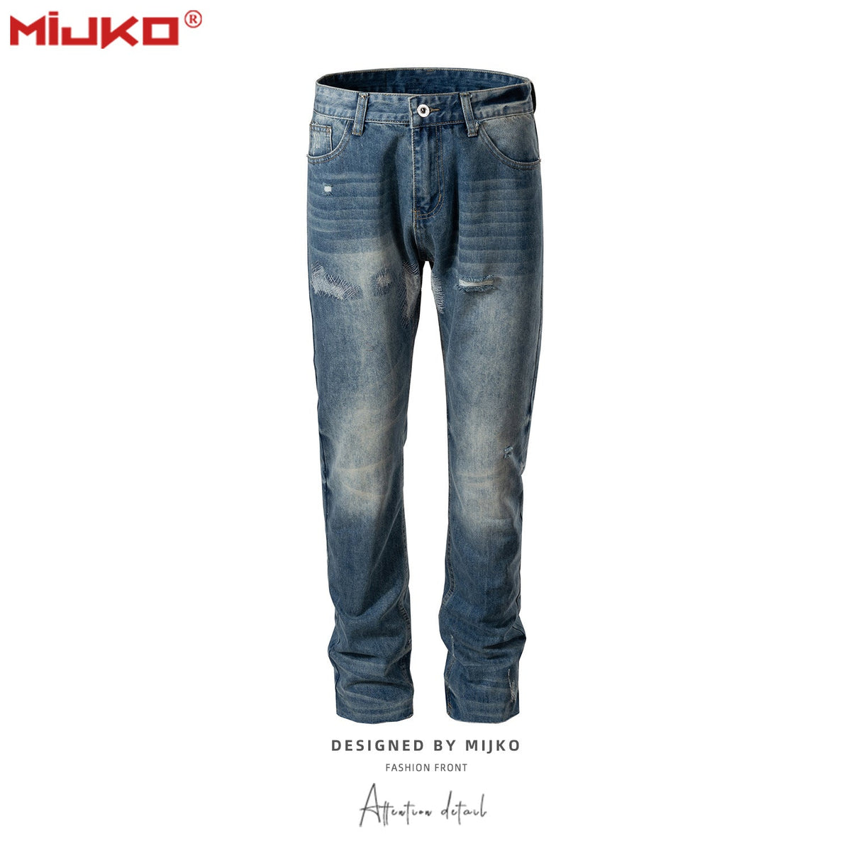 Mens Vintage Pants Ragged Patch Unisex Jeans MIJKO