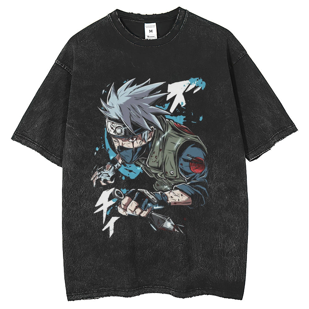 Men T Shirts Washing Water Old Kakashi White Ink Printing Loose Retro Short Sleeves