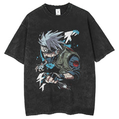 Men T Shirts Washing Water Old Kakashi White Ink Printing Loose Retro Short Sleeves