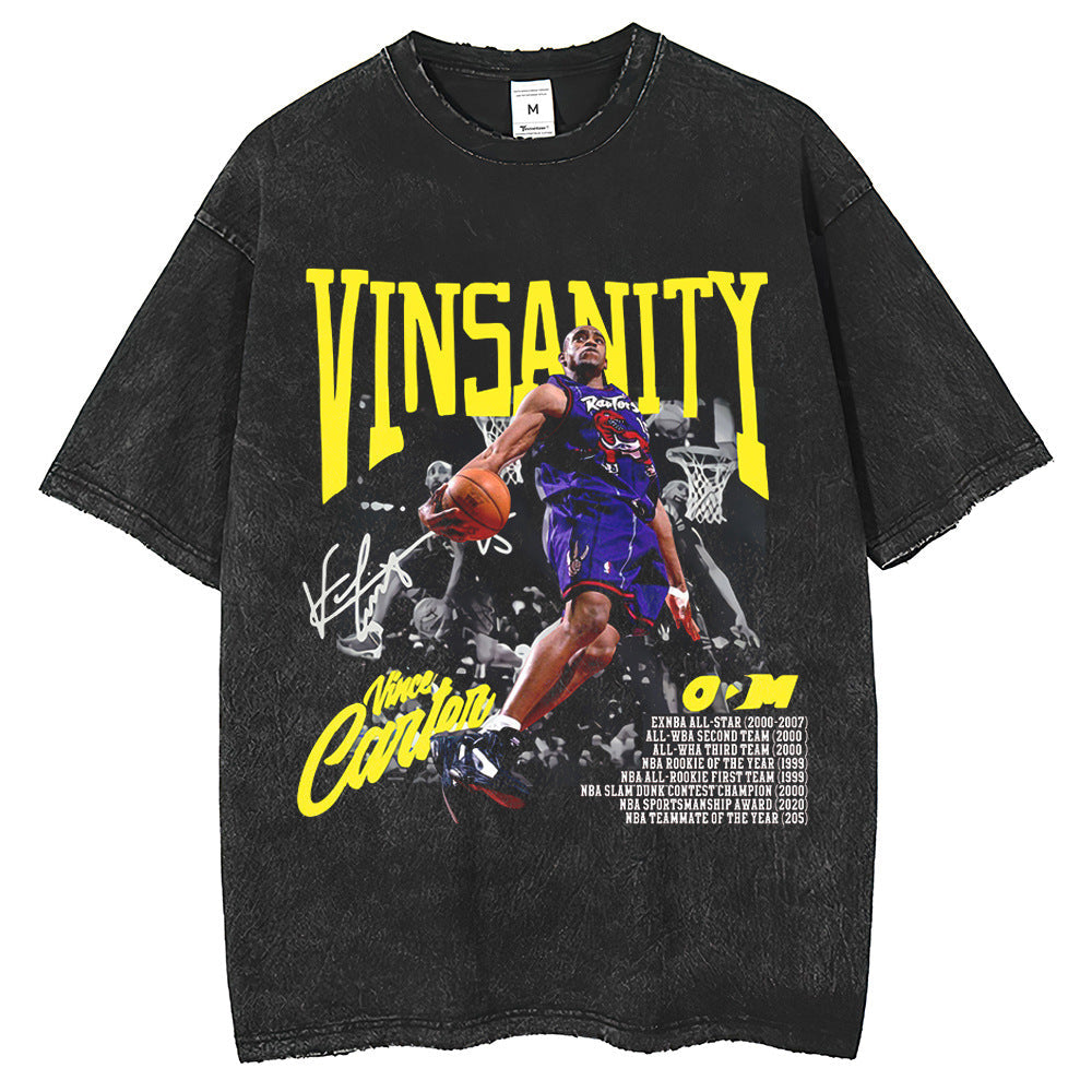 Mens T Shirts Washing Water American Vintage Street Loose Print T-Shirt