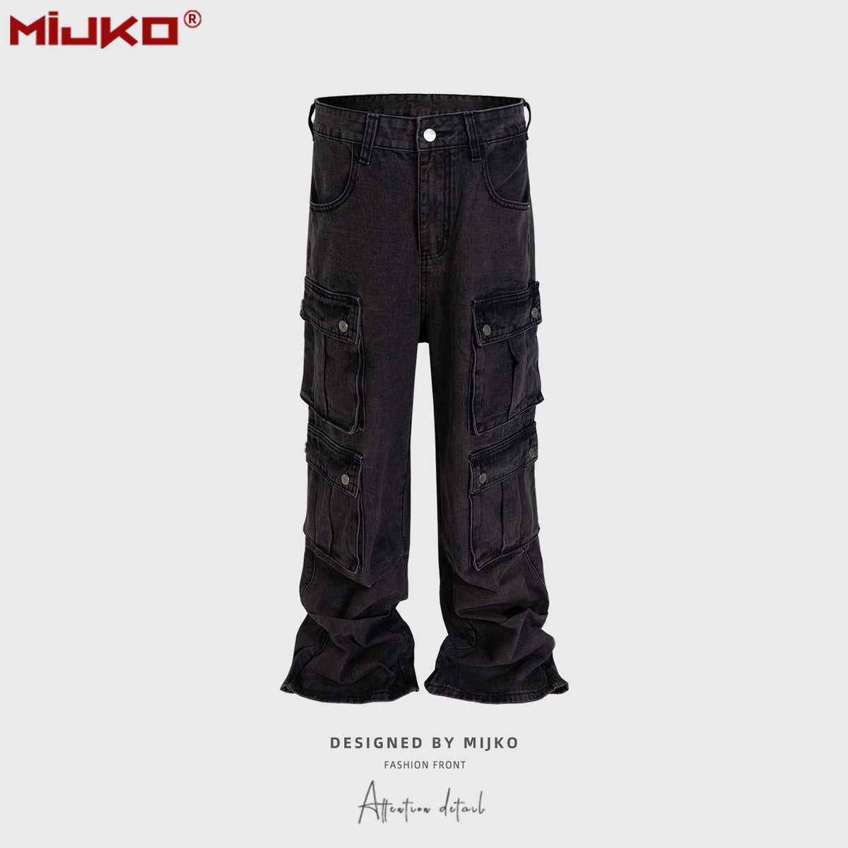 Mens Vintage Pants Multi-pocket Wide-foot Bootcut Jeans MIJKO