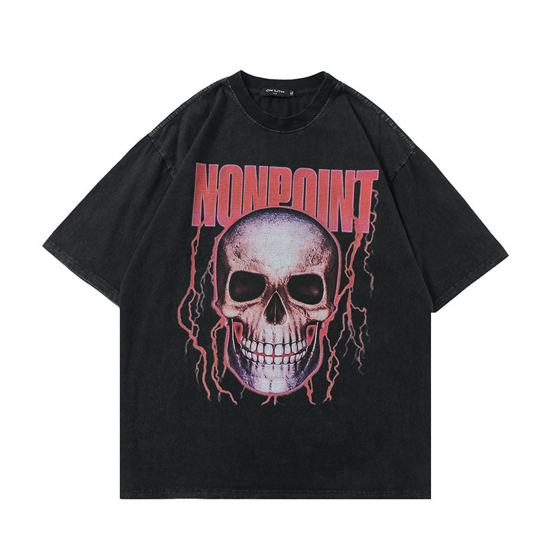 T-shirt homme Tkpa Dark High Street imprimé crâne style punk usé et délavé à manches courtes, t-shirt unisexe Ins Hip-Hop Streetwear