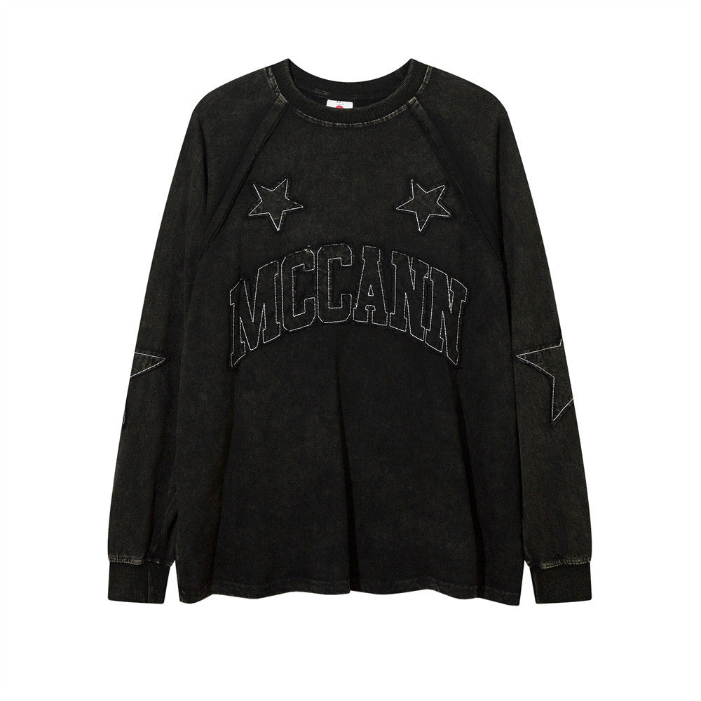 Men Long Sleeve T Shirt Old Washing Water Paste Cloth Embroidery Five-Pointed Star