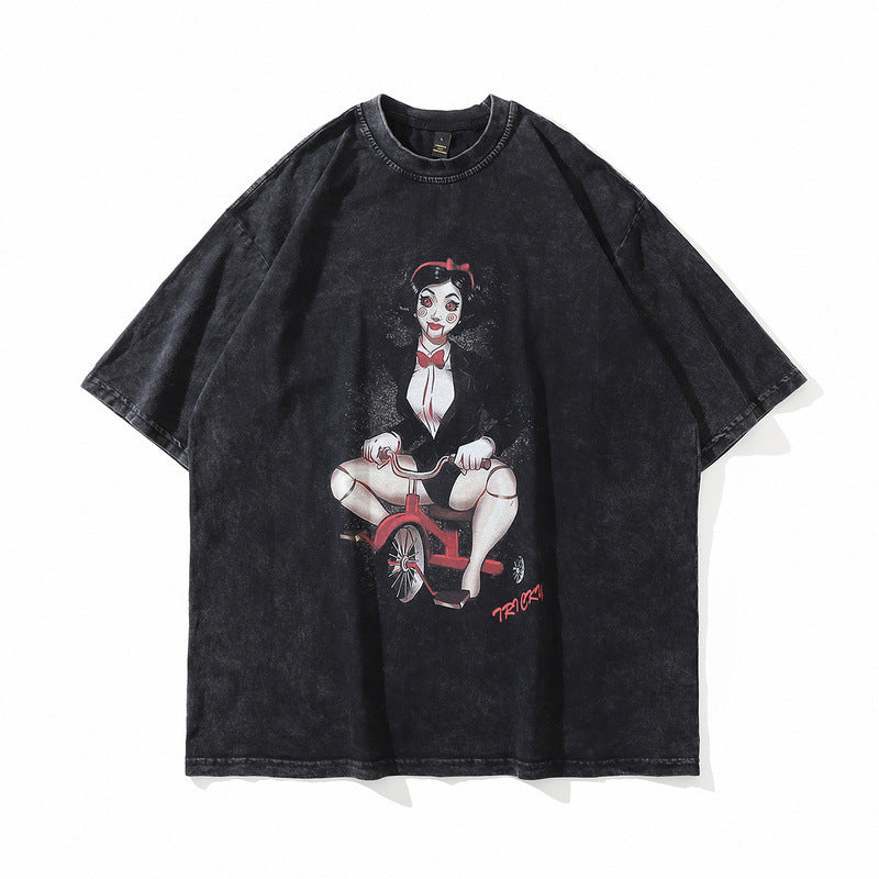 Men T Shirt Cartoon Printed Short-Sleeved T-shirt Men's Summer Loose Wash Distressed