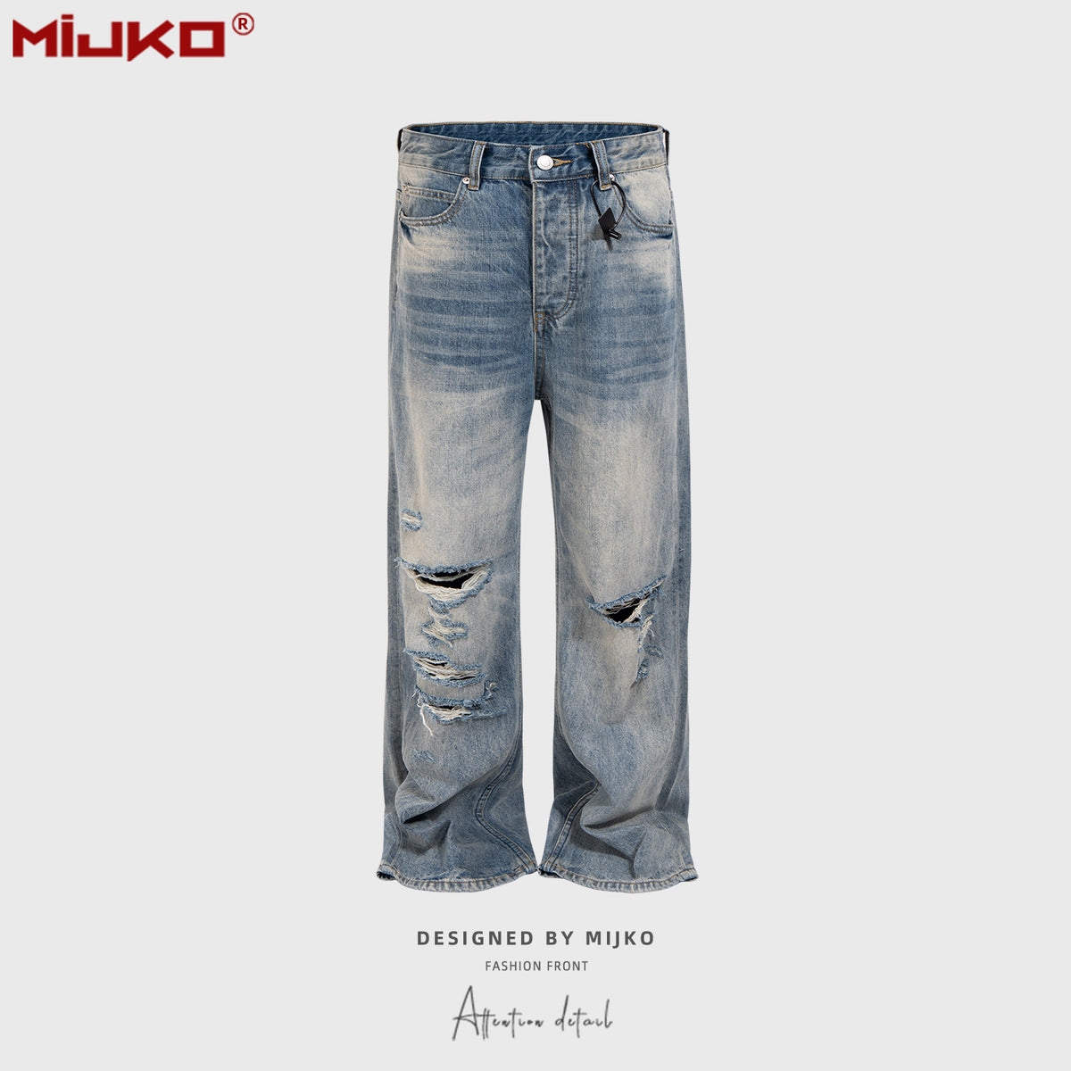 Men's clothing women's hole effect light-colored straight-leg jeans men's and women's same straight-leg washed old trousers blue