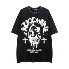 Men T Shirt Vintage Distressed Dark Portrait Wash Couple Short Sleeve T-shirt Men