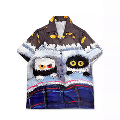 Trendy loose Hawaiian cartoon print short-sleeved shirt men's retro ruffian handsome seaside flower shirt trendy