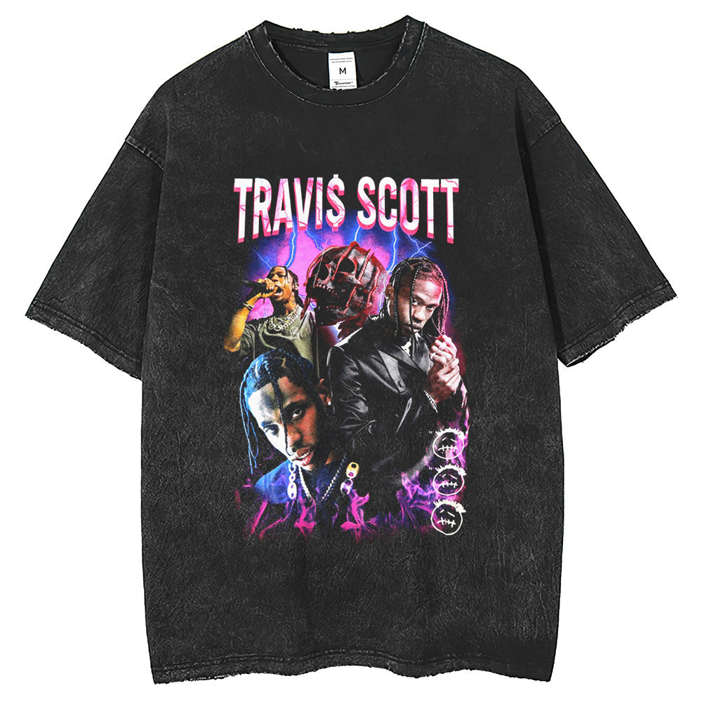 Mens T Shirts Travis Scott Printed Old T-Shirts Loose