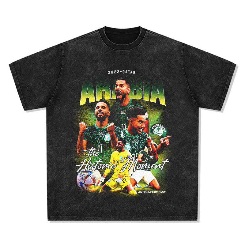 Men's Vintage Football T-Shirt Saudi Printed Washed Old Loose Short Sleeve T-Shirt Men's