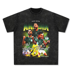 Men's Vintage Football T-Shirt Saudi Printed Washed Old Loose Short Sleeve T-Shirt Men's