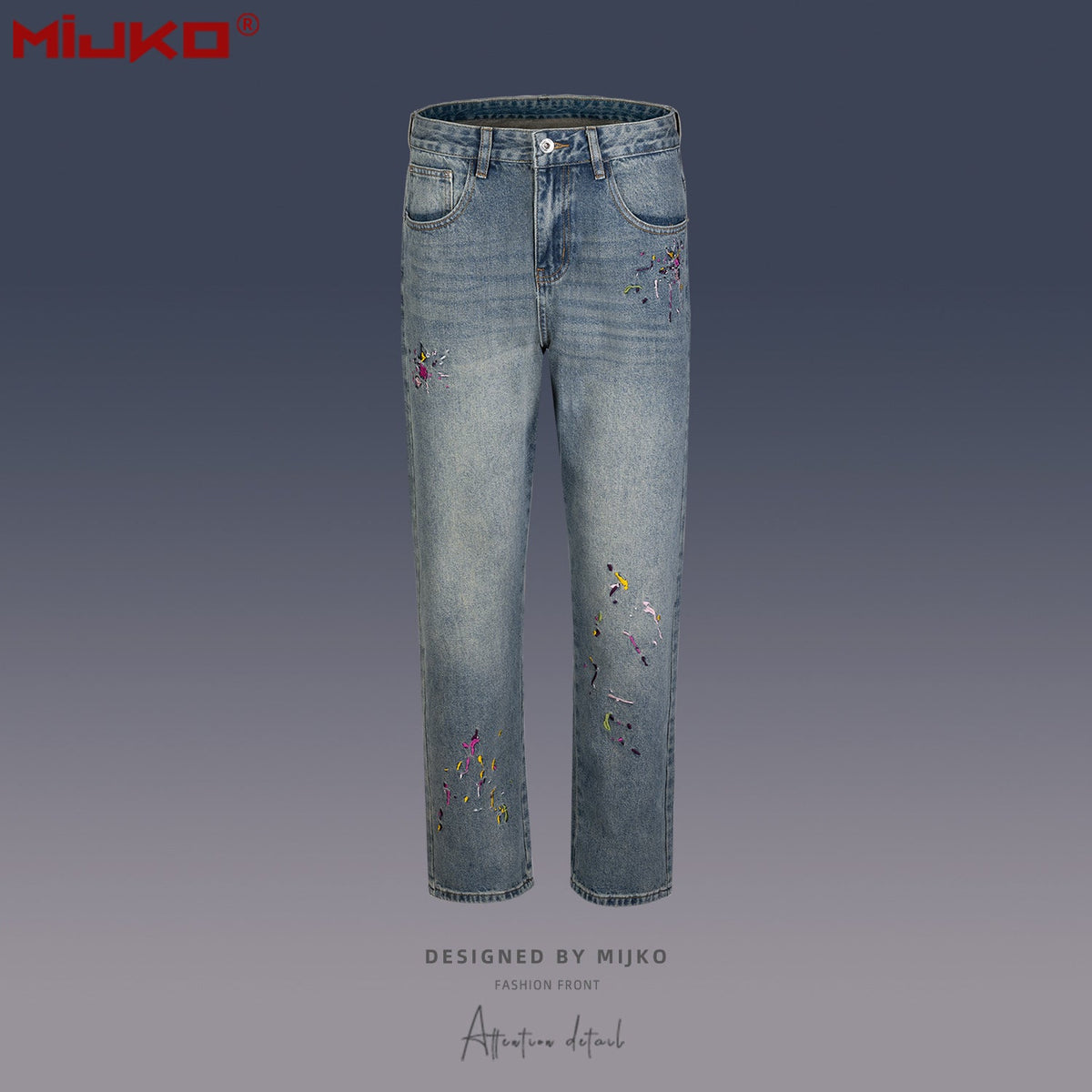 Mens Vintage Pants Embroidery Embellished Slim-fitting Old Jeans MIJKO