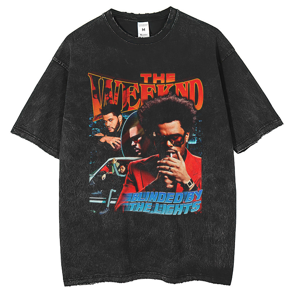 Men T Shirts Summer Vintage Washed Old Mars Print Short Sleeve T-Shirts