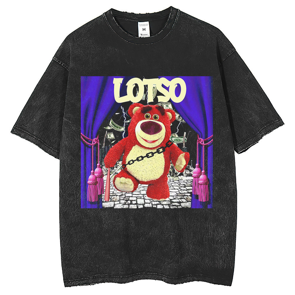 Mens T Shirts Strawberry Bear Print Wash Water Make Old T-Shirts Loose