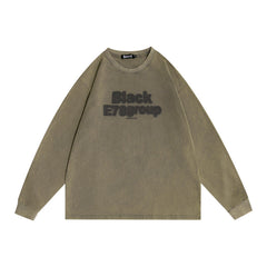 Men Long Sleeve T Shirt Letter Printing Loose Wash Distressed