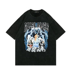 T-shirt homme Tkpa Dark High Street imprimé crâne style punk usé et délavé à manches courtes, t-shirt unisexe Ins Hip-Hop Streetwear